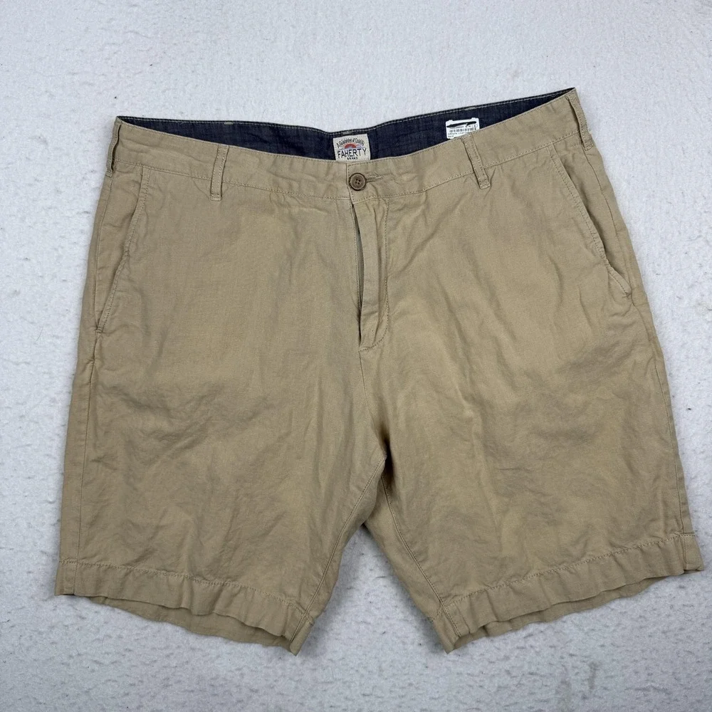 Faherty Shorts Mens 36 Beige Chino Lightweight Cotton Linen 9 Inseam Casual